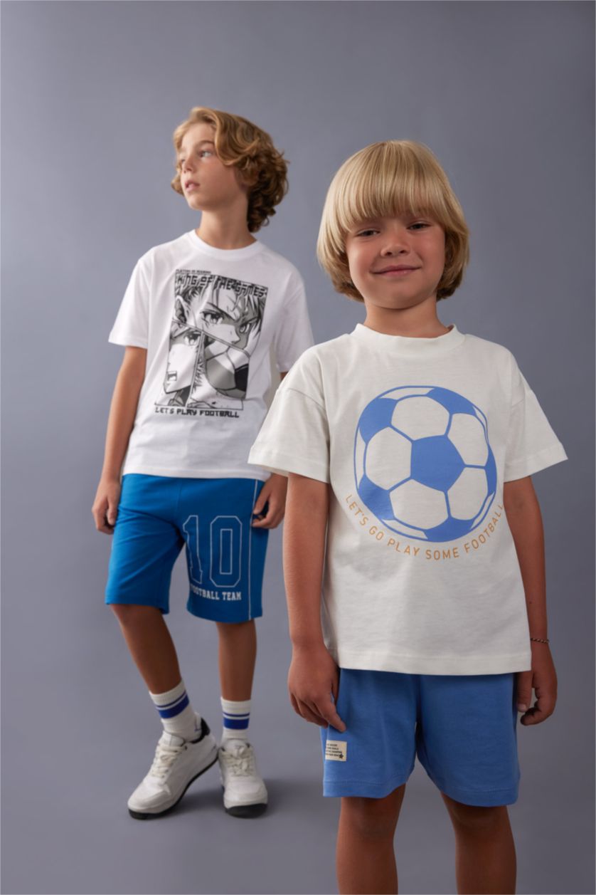 Erkek Çocuk - Genç Erkek Beyaz Bisiklet Yaka Baskılı Kısa Kollu Tişört Erkek Çocuk