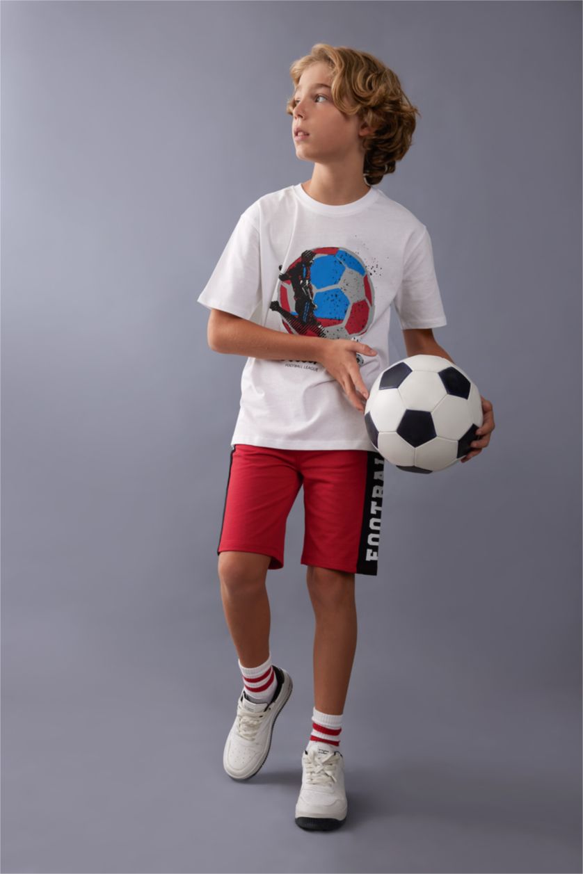 Erkek Çocuk - Genç Erkek Beyaz Bisiklet Yaka Baskılı Kısa Kollu Tişört Erkek Çocuk