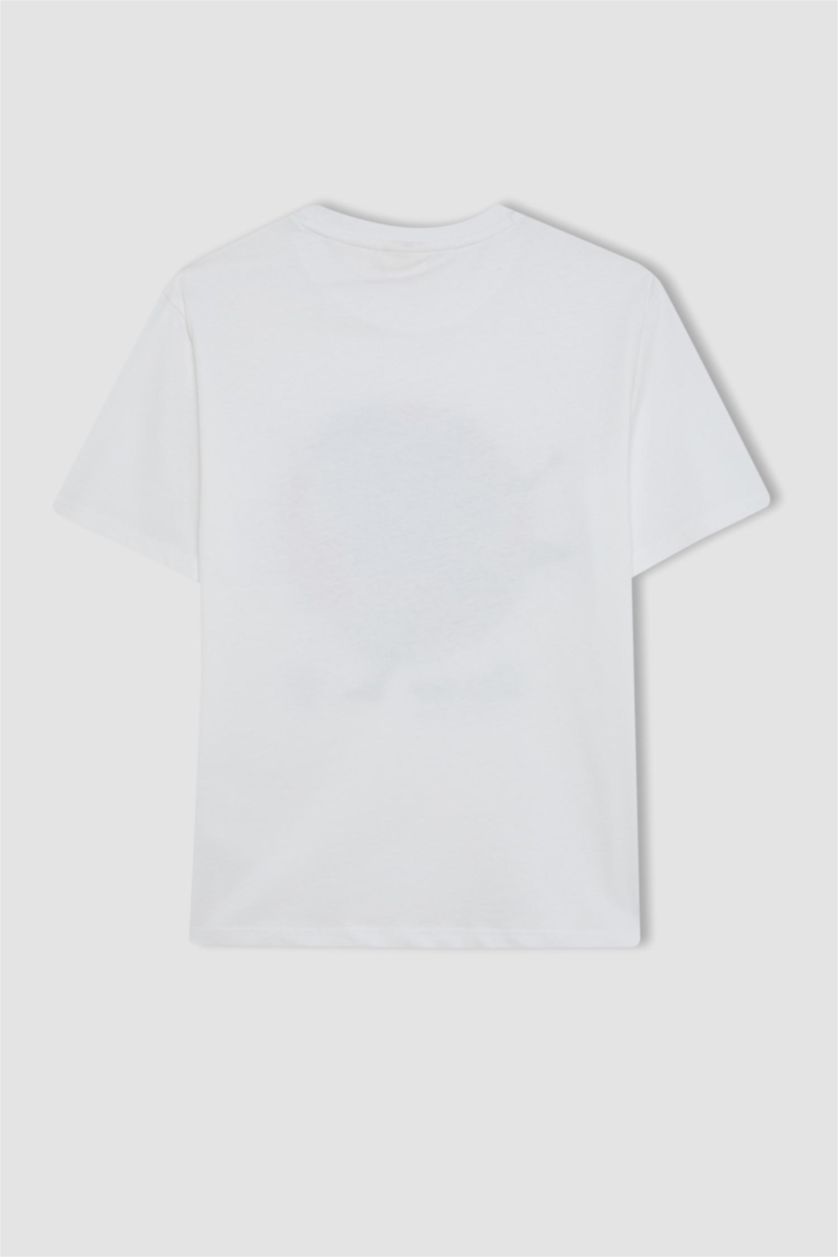 Erkek Çocuk - Genç Erkek Beyaz Bisiklet Yaka Baskılı Kısa Kollu Tişört Erkek Çocuk