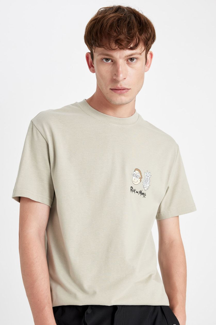 Erkek Açık Haki %100 Pamuk Rick and Morty Regular Fit Bisiklet Yaka Kısa Kollu Tişört