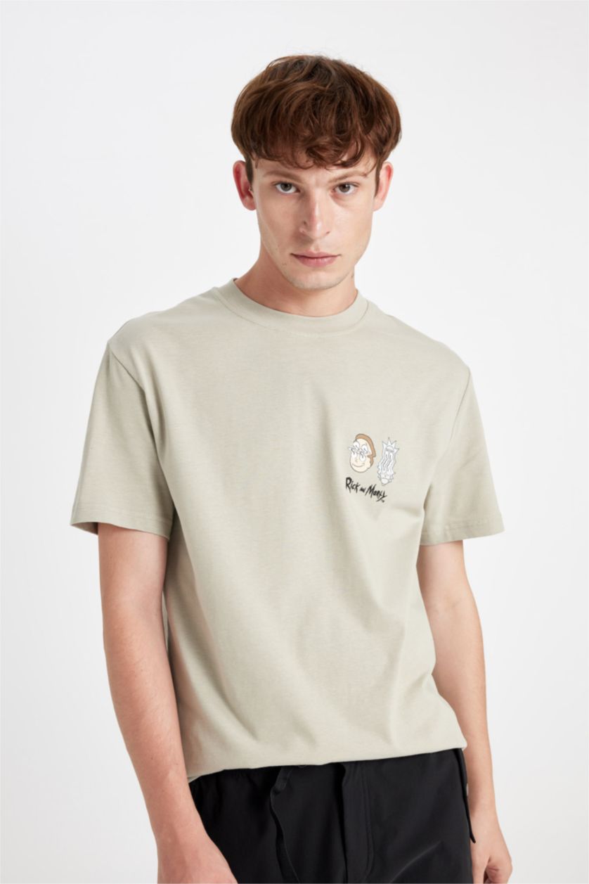 Erkek Açık Haki %100 Pamuk Rick and Morty Regular Fit Bisiklet Yaka Kısa Kollu Tişört