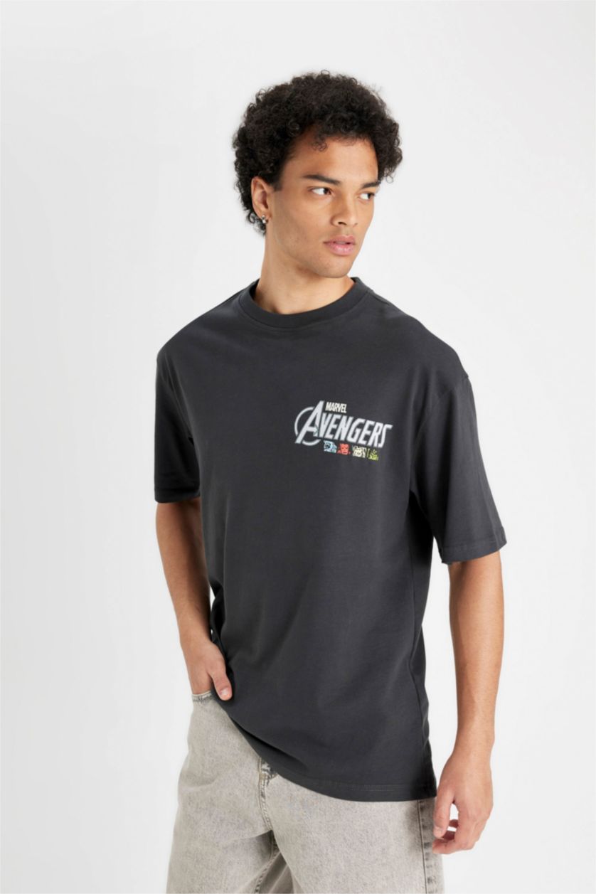 Erkek Antrasit %100 Pamuk Marvel Avengers Boxy Fit Bisiklet Yaka Sırt Baskılı Kısa Kollu Tişört