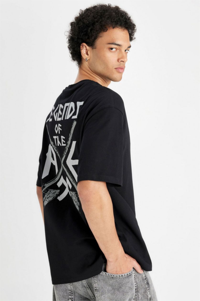 Erkek Siyah %100 Pamuk Vikings Valhalla Boxy Fit Bisiklet Yaka Sırt Baskılı Kısa Kollu Tişört