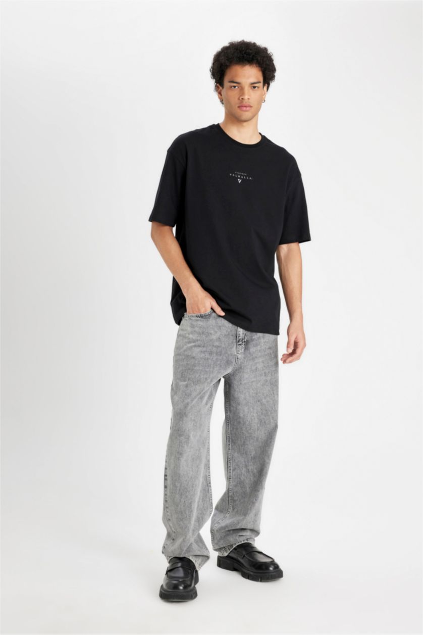 Erkek Siyah %100 Pamuk Vikings Valhalla Boxy Fit Bisiklet Yaka Sırt Baskılı Kısa Kollu Tişört