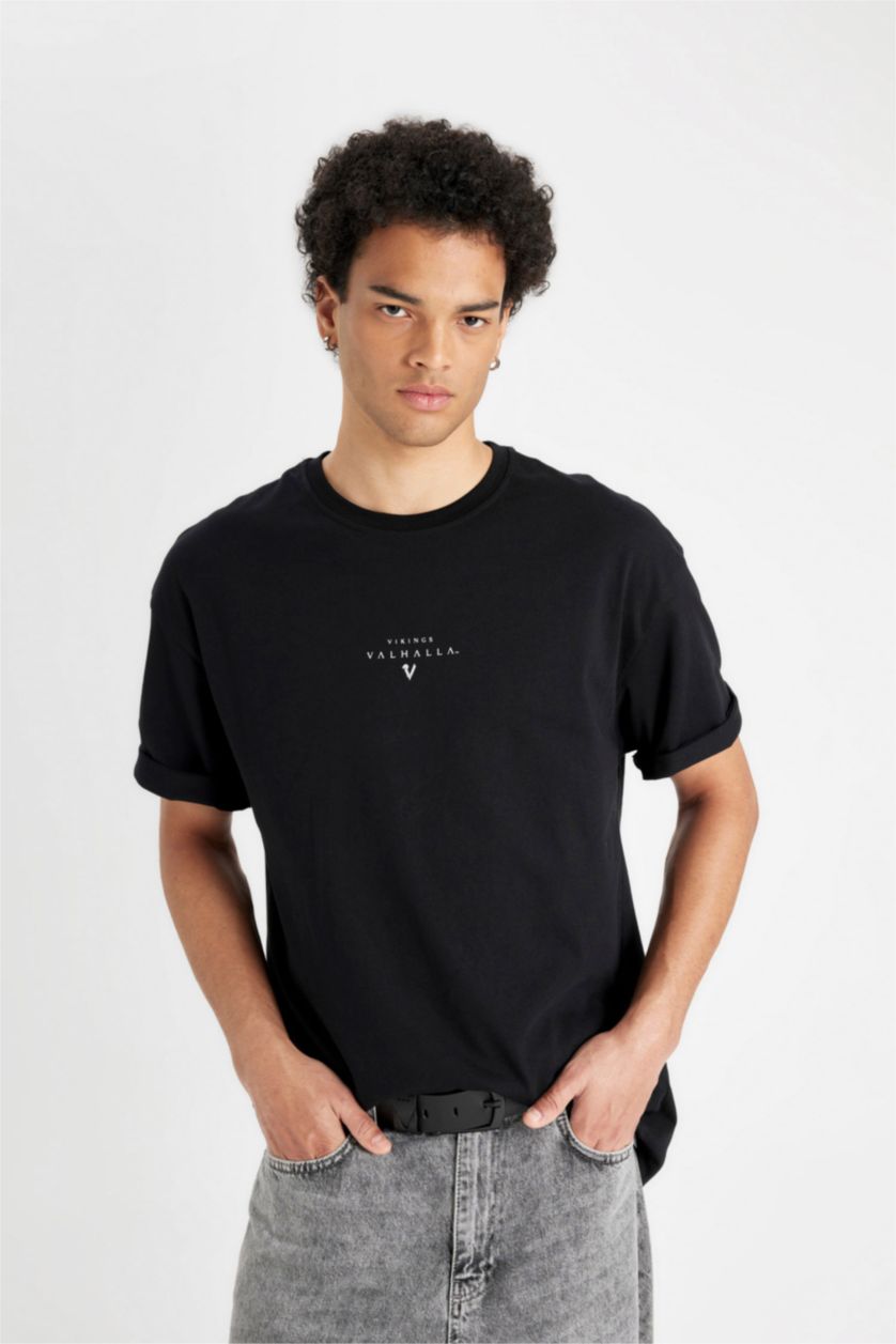 Erkek Siyah %100 Pamuk Vikings Valhalla Boxy Fit Bisiklet Yaka Sırt Baskılı Kısa Kollu Tişört