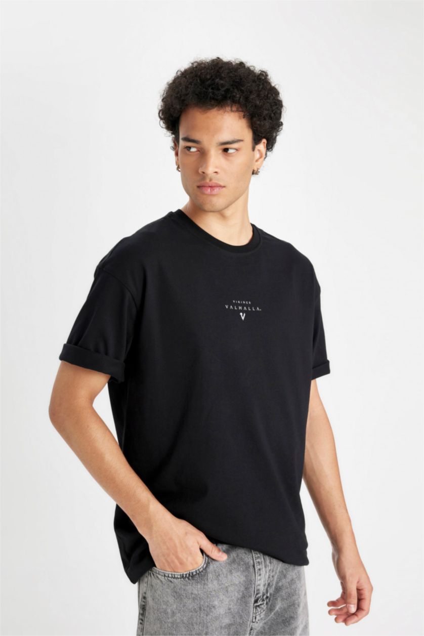 Erkek Siyah %100 Pamuk Vikings Valhalla Boxy Fit Bisiklet Yaka Sırt Baskılı Kısa Kollu Tişört