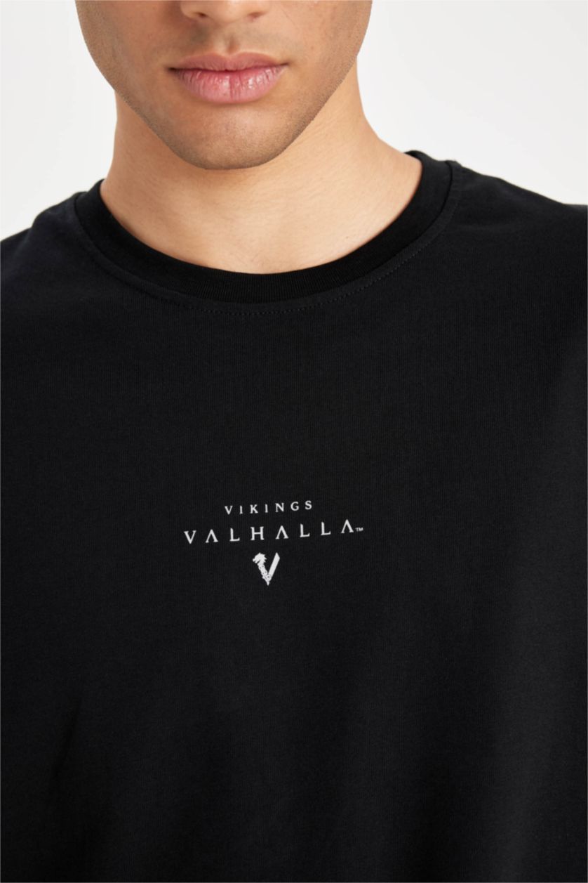 Erkek Siyah %100 Pamuk Vikings Valhalla Boxy Fit Bisiklet Yaka Sırt Baskılı Kısa Kollu Tişört