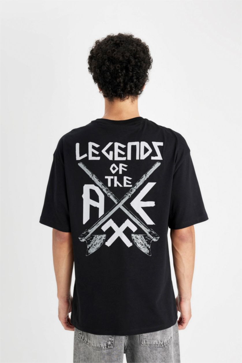 Erkek Siyah %100 Pamuk Vikings Valhalla Boxy Fit Bisiklet Yaka Sırt Baskılı Kısa Kollu Tişört