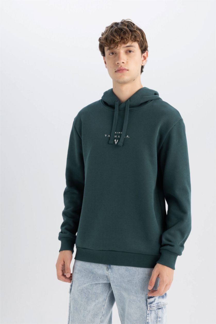 Erkek Koyu Yeşil Vikings Valhalla Regular Fit Bağcıklı Kapüşonlu Yazı Baskılı Sweatshirt