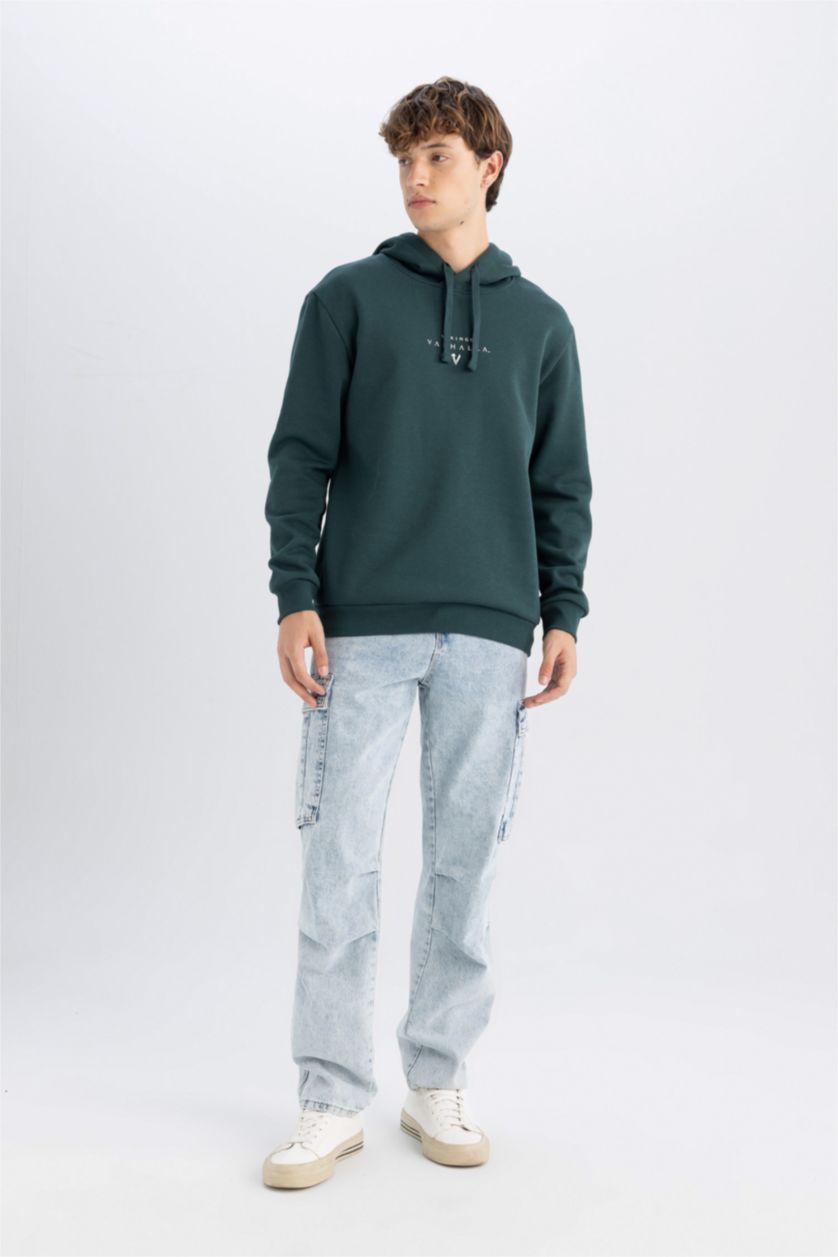 Erkek Koyu Yeşil Vikings Valhalla Regular Fit Bağcıklı Kapüşonlu Yazı Baskılı Sweatshirt