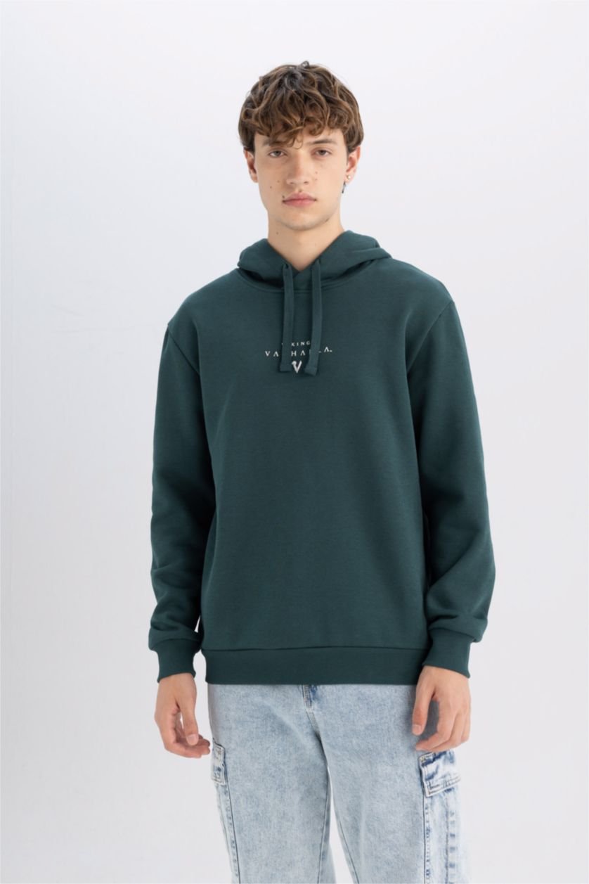 Erkek Koyu Yeşil Vikings Valhalla Regular Fit Bağcıklı Kapüşonlu Yazı Baskılı Sweatshirt