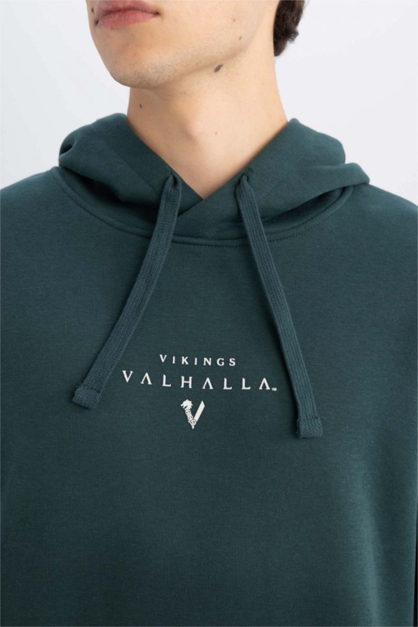 Erkek Koyu Yeşil Vikings Valhalla Regular Fit Bağcıklı Kapüşonlu Yazı Baskılı Sweatshirt