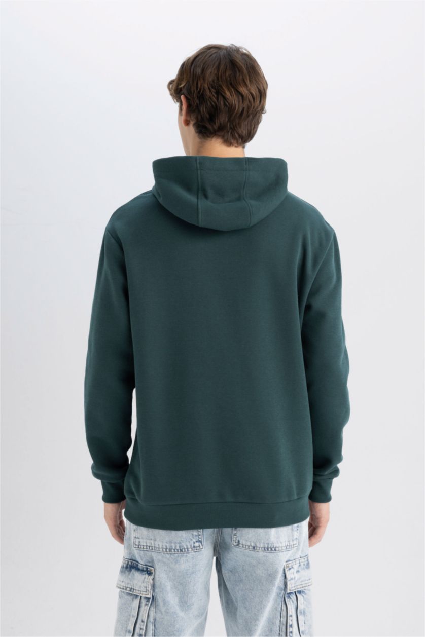 Erkek Koyu Yeşil Vikings Valhalla Regular Fit Bağcıklı Kapüşonlu Yazı Baskılı Sweatshirt