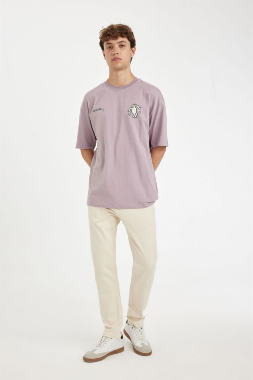 Erkek Açık Gülkurusu %100 Pamuk Keith Haring Boxy Fit Bisiklet Yaka Sırt Baskılı Kısa Kollu Tişört