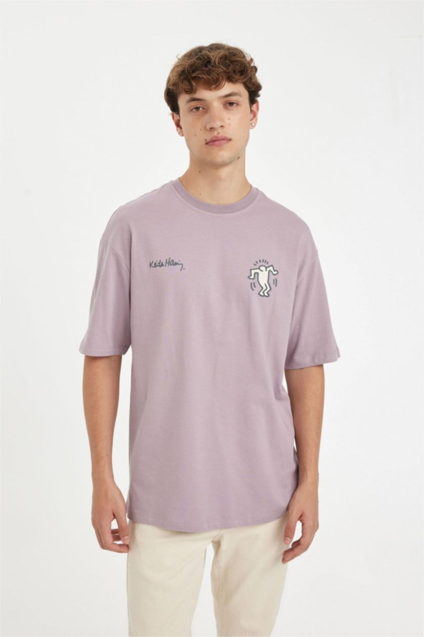 Erkek Açık Gülkurusu %100 Pamuk Keith Haring Boxy Fit Bisiklet Yaka Sırt Baskılı Kısa Kollu Tişört