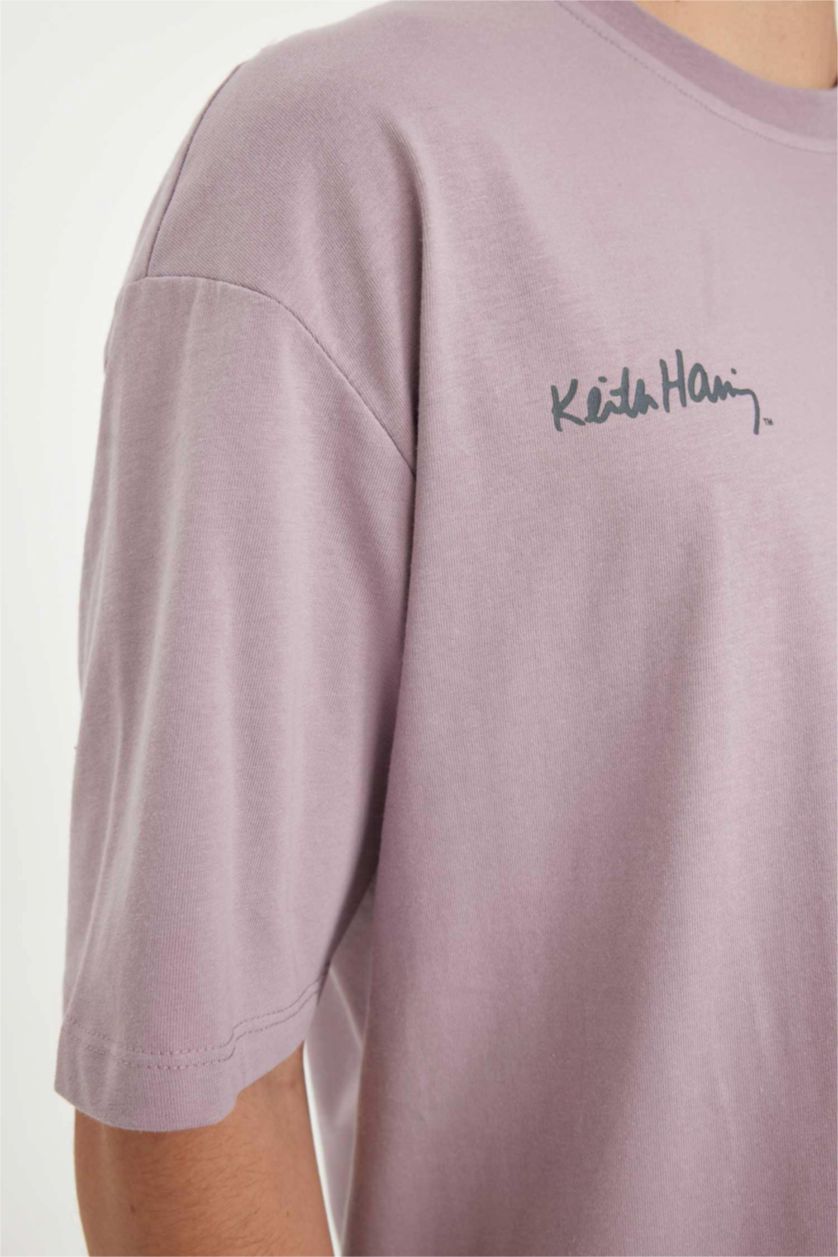 Erkek Açık Gülkurusu %100 Pamuk Keith Haring Boxy Fit Bisiklet Yaka Sırt Baskılı Kısa Kollu Tişört