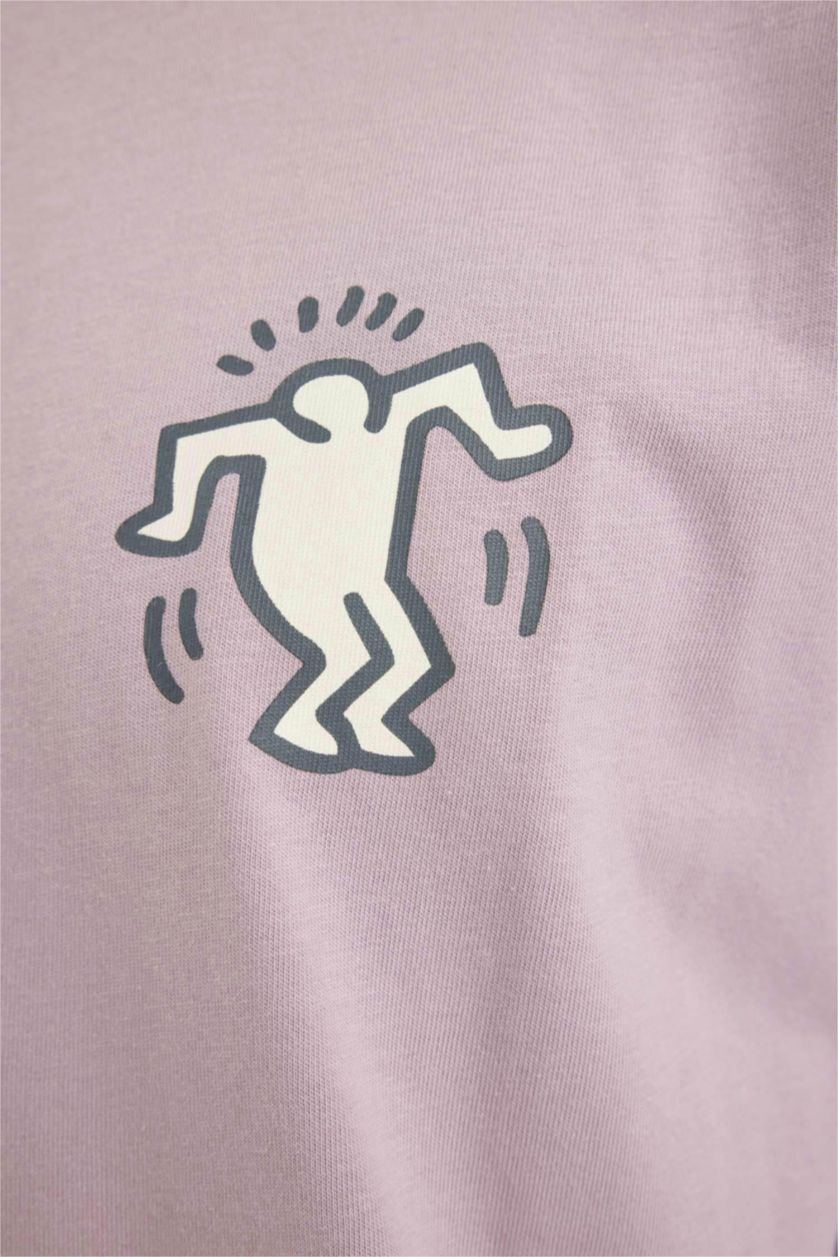 Erkek Açık Gülkurusu %100 Pamuk Keith Haring Boxy Fit Bisiklet Yaka Sırt Baskılı Kısa Kollu Tişört