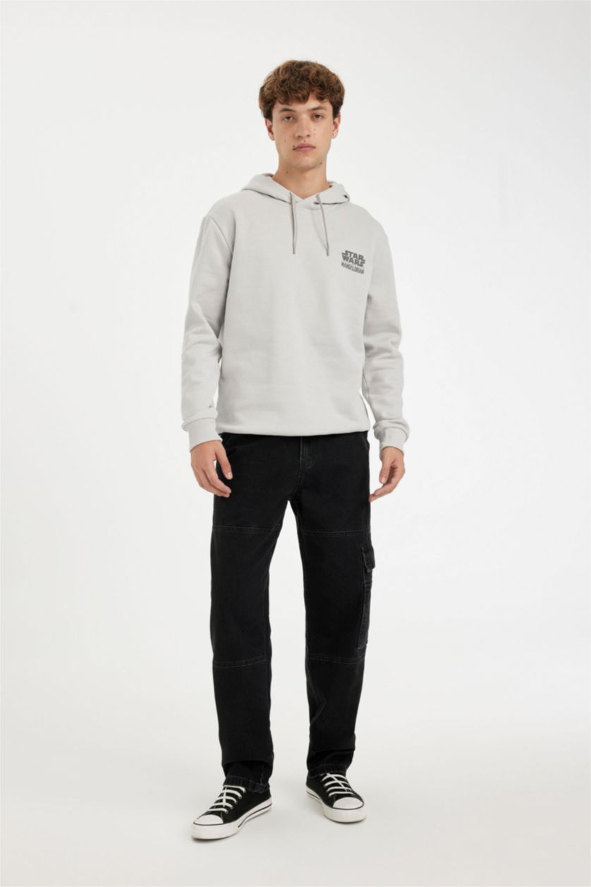 Erkek Açık Gri Star Wars-Mandalorian Regular Fit Kapüşonlu Sırt Baskılı Sweatshirt