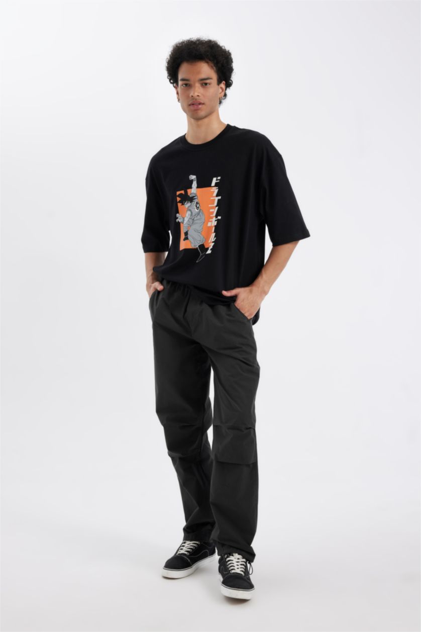 Erkek Siyah %100 Pamuk Dragon Ball Loose Fit Bisiklet Yaka Sırt Baskılı Kısa Kollu Tişört