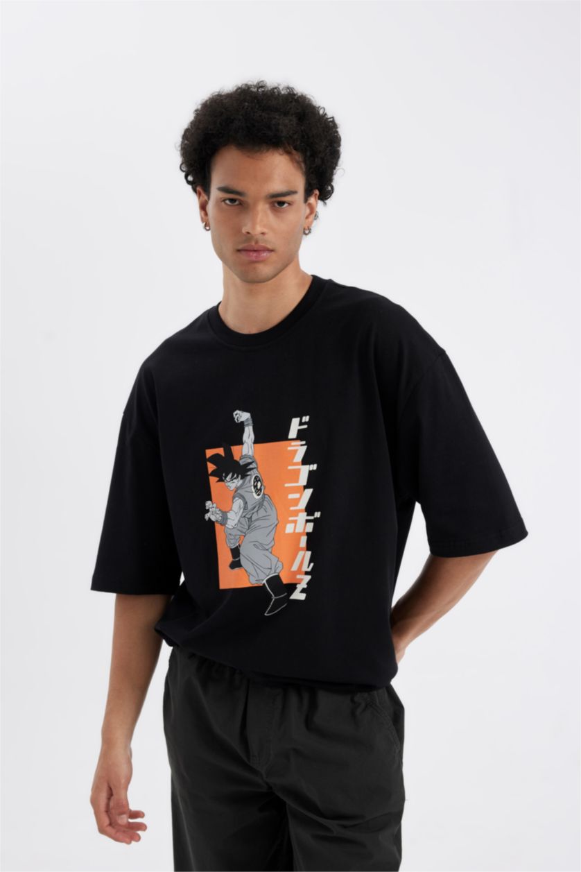 Erkek Siyah %100 Pamuk Dragon Ball Loose Fit Bisiklet Yaka Sırt Baskılı Kısa Kollu Tişört