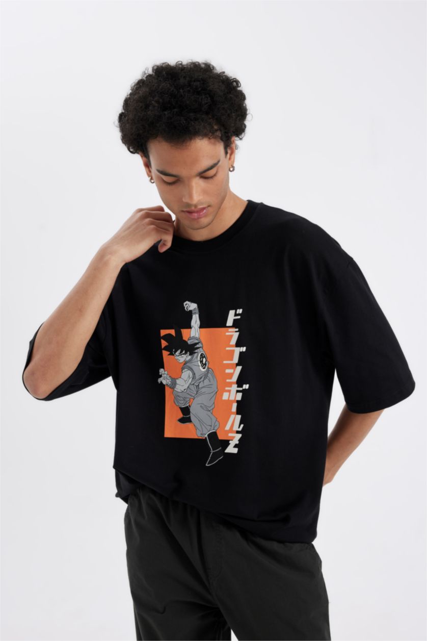 Erkek Siyah %100 Pamuk Dragon Ball Loose Fit Bisiklet Yaka Sırt Baskılı Kısa Kollu Tişört