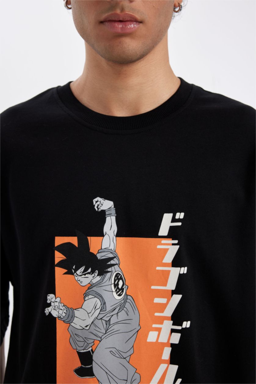 Erkek Siyah %100 Pamuk Dragon Ball Loose Fit Bisiklet Yaka Sırt Baskılı Kısa Kollu Tişört
