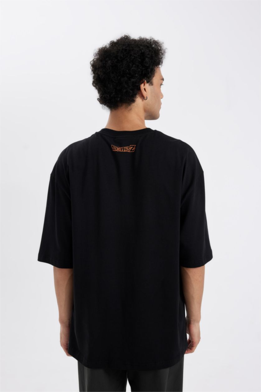 Erkek Siyah %100 Pamuk Dragon Ball Loose Fit Bisiklet Yaka Sırt Baskılı Kısa Kollu Tişört