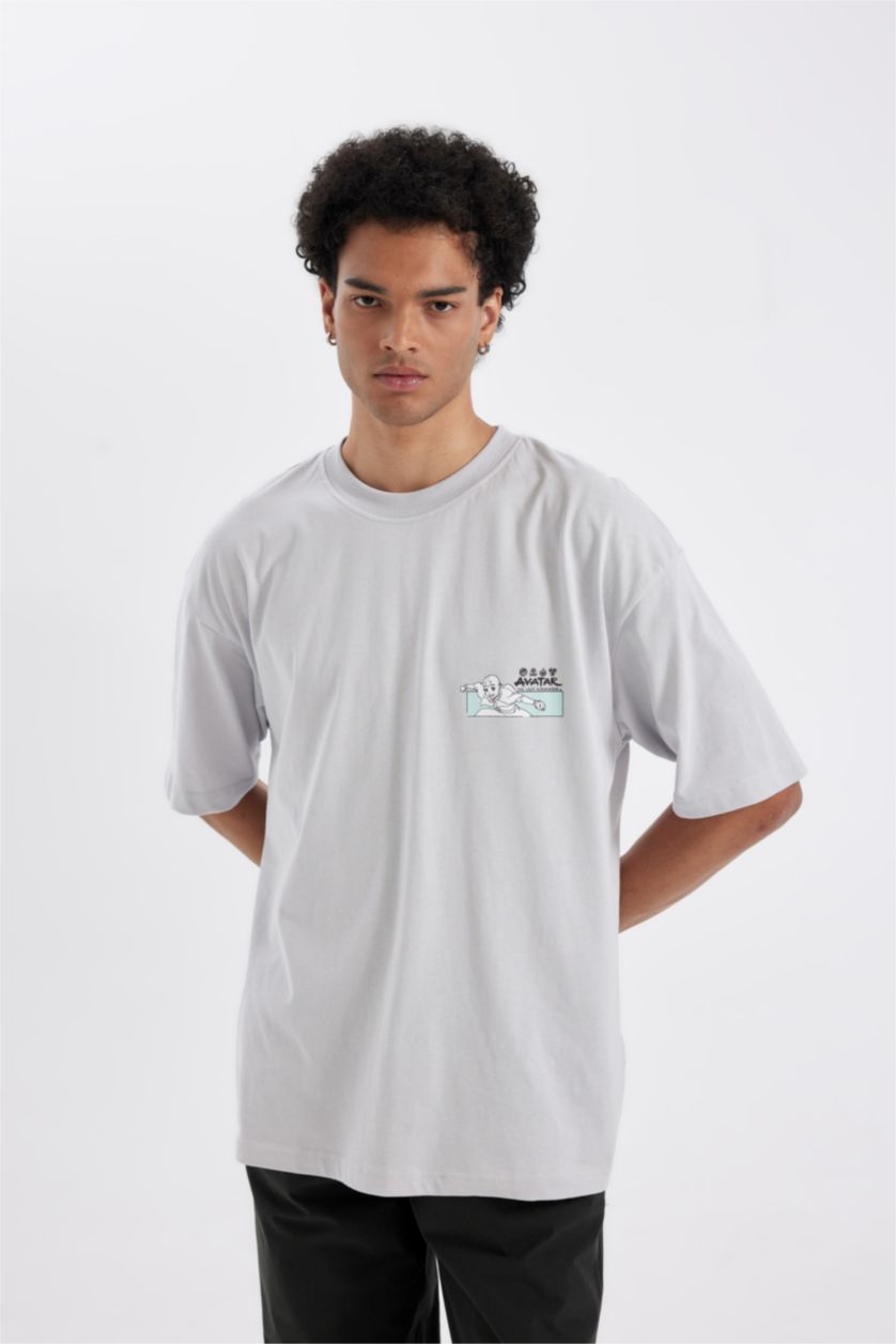 Erkek Açık Gri %100 Pamuk Avatar the Last Airbender Gri Oversize Geniş Kalıp Bisiklet Yaka Sırt Baskılı Kısa Kollu Tişört