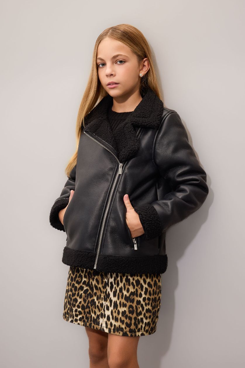 Kız Çocuk - Genç Kız Siyah Su Geçirmez Ceket Yaka Pelüş Astar Mont Kız Çocuk