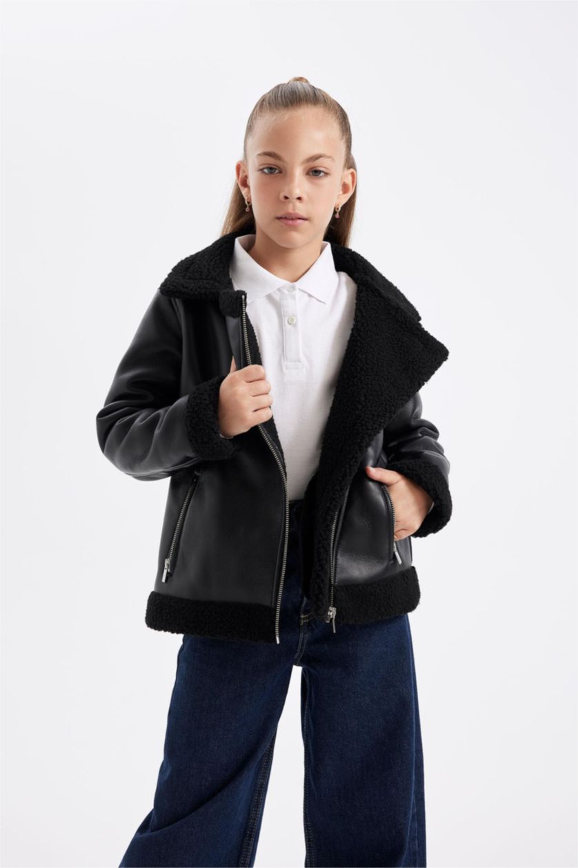 Kız Çocuk - Genç Kız Siyah Su Geçirmez Ceket Yaka Pelüş Astar Mont Kız Çocuk