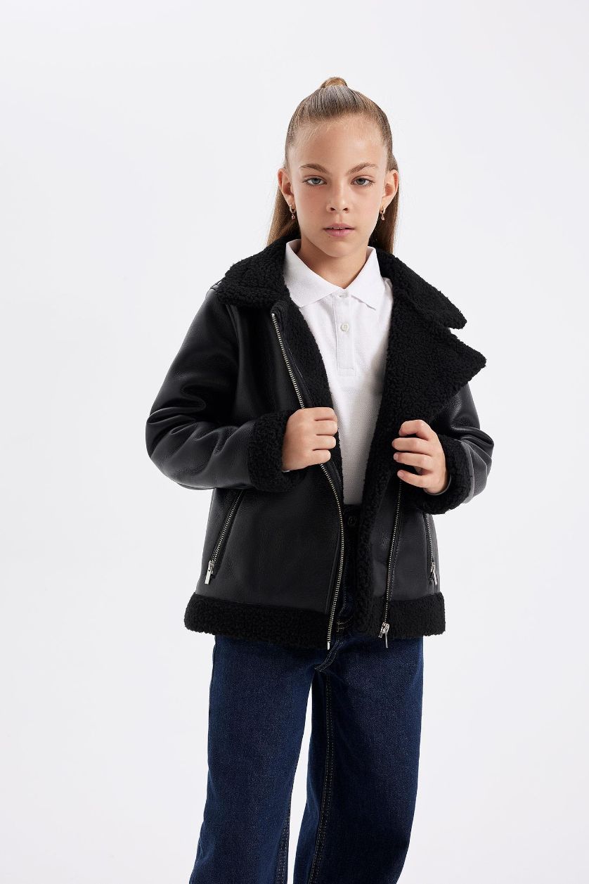 Kız Çocuk - Genç Kız Siyah Su Geçirmez Ceket Yaka Pelüş Astar Mont Kız Çocuk
