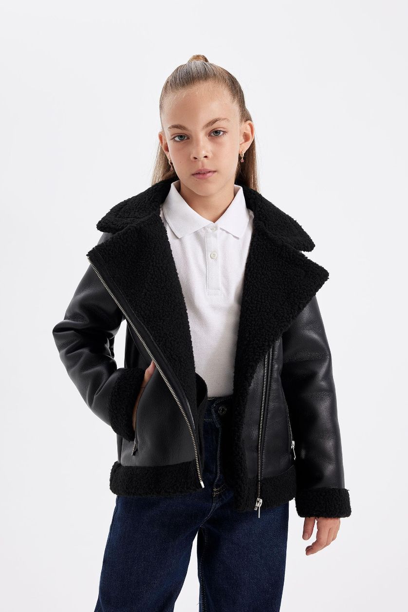 Kız Çocuk - Genç Kız Siyah Su Geçirmez Ceket Yaka Pelüş Astar Mont Kız Çocuk