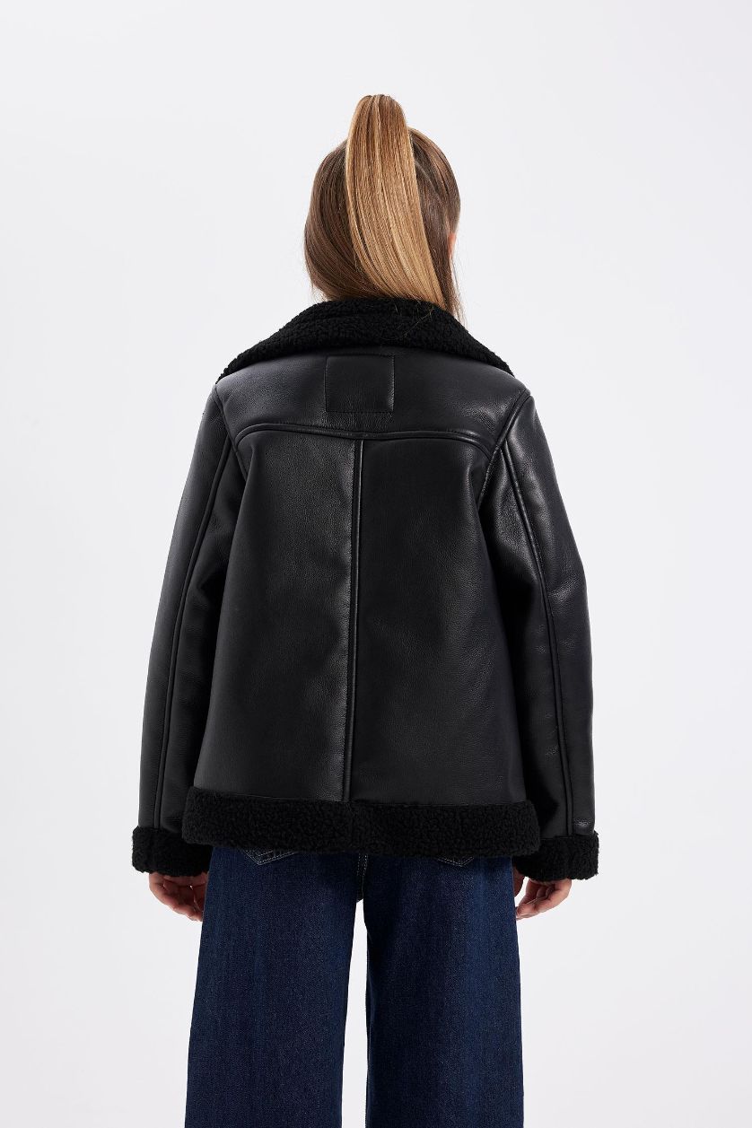 Kız Çocuk - Genç Kız Siyah Su Geçirmez Ceket Yaka Pelüş Astar Mont Kız Çocuk