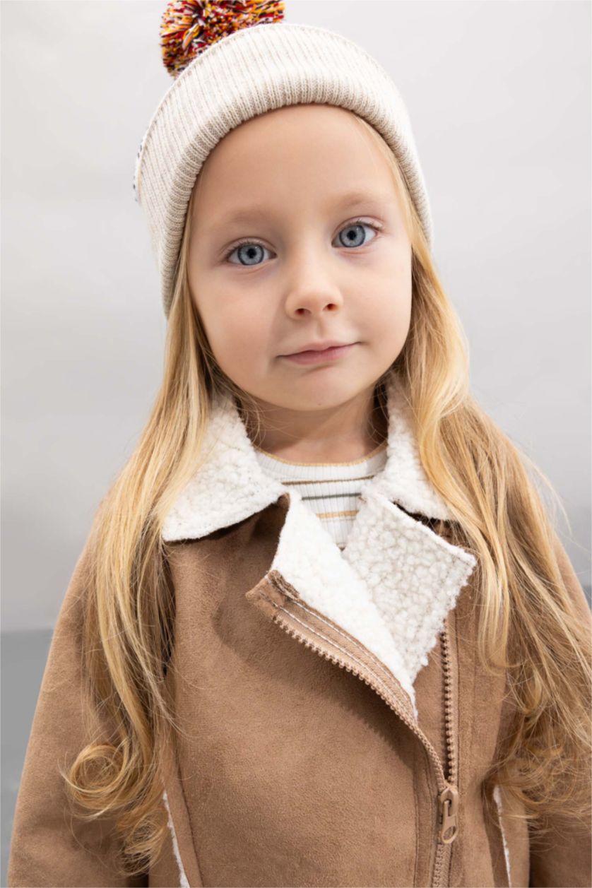 BÉBÉ FILLE Écru Veste à col en V doublé en fausse fourrure avec poches pour Bébé Fille