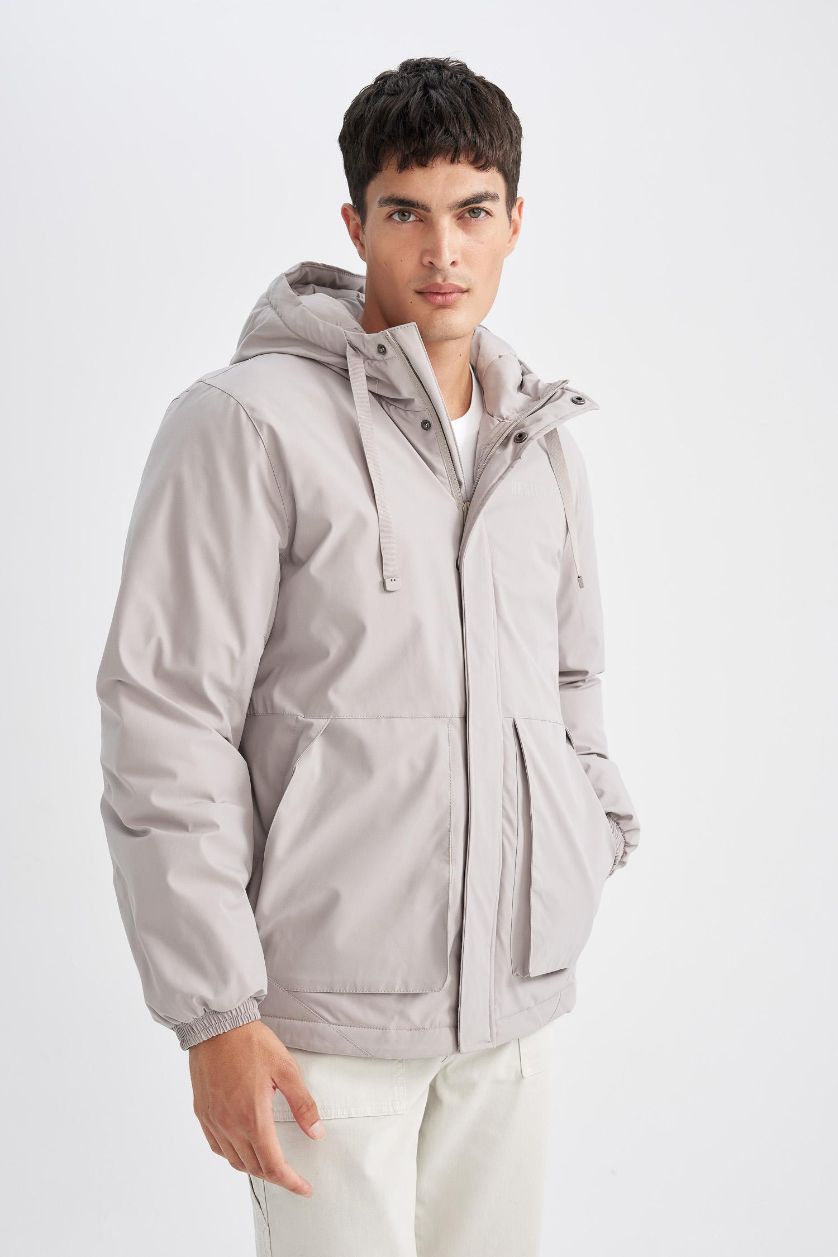 Erkek Taş Regular Fit Çıtçıt Kapama İç Cepli Kapüşonlu Fermuarlı Mont