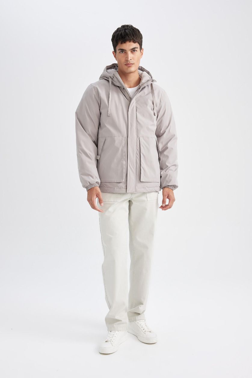Erkek Taş Regular Fit Çıtçıt Kapama İç Cepli Kapüşonlu Fermuarlı Mont