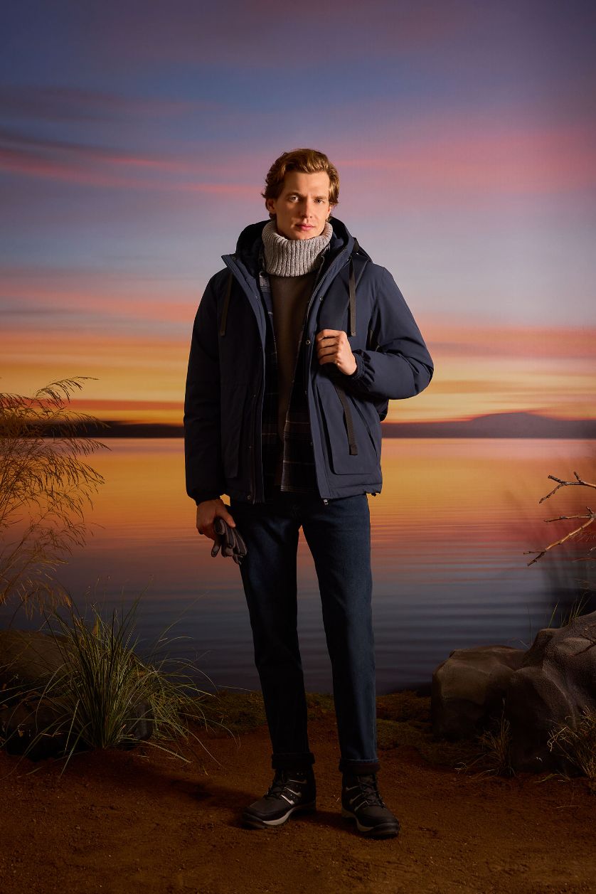 Erkek Lacivert Su İtici Kapüşonlu Mont