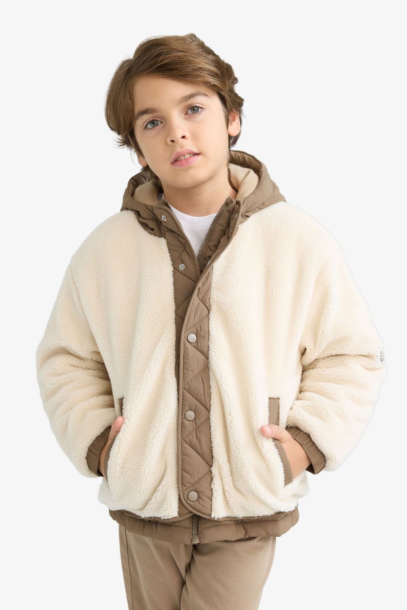 Boys & Teens Ecru Boy Hooded Plush Jacket