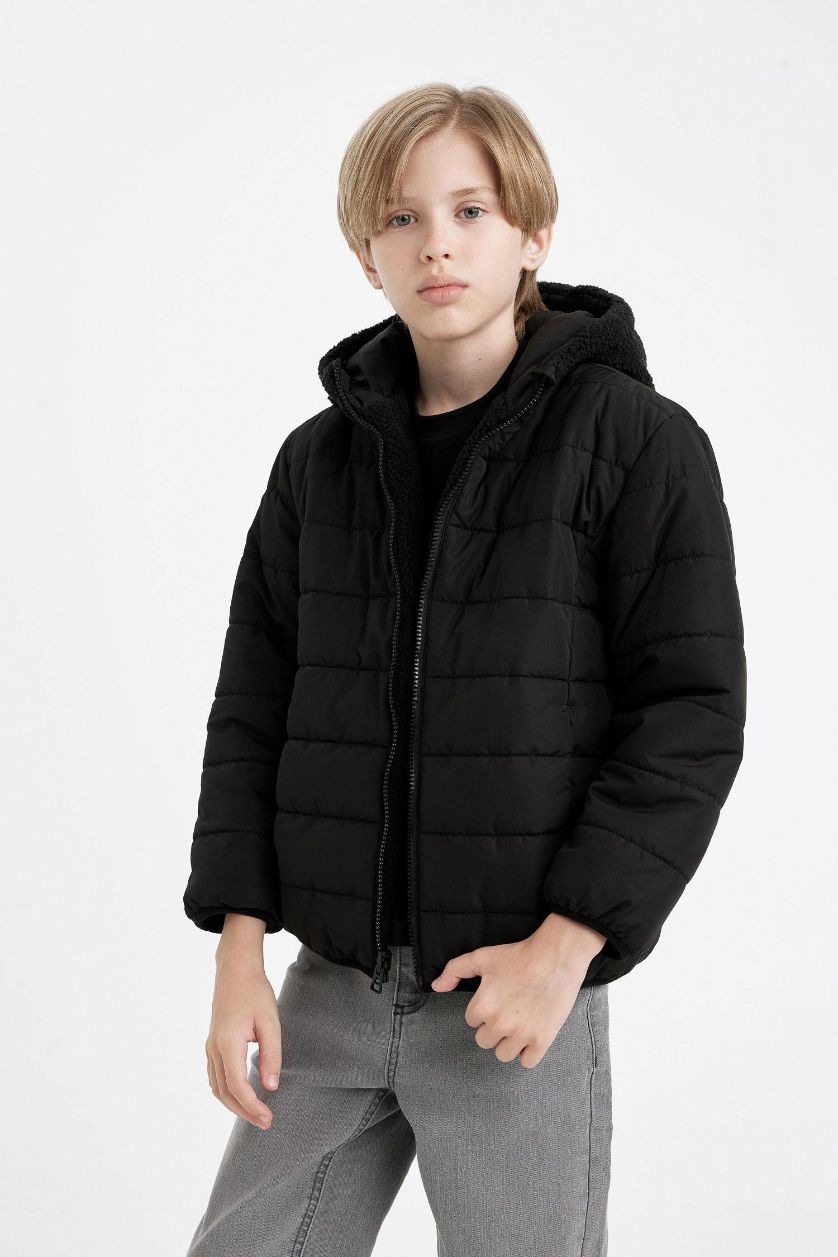 Boys & Teens Black Boy Hooded Two Sided Puffer Jacket