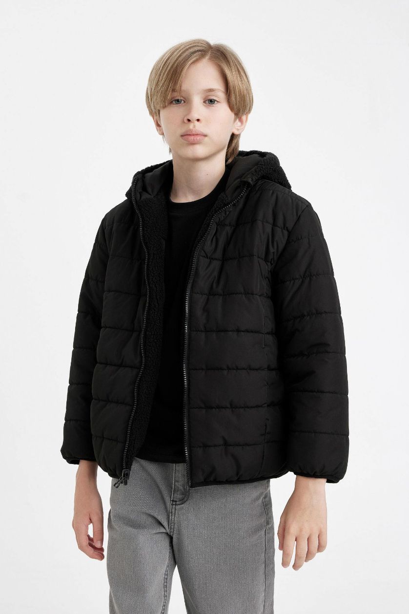Boys & Teens Black Boy Hooded Two Sided Puffer Jacket