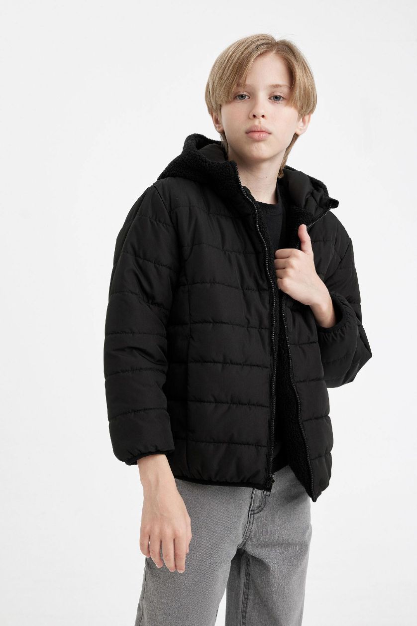 Boys & Teens Black Boy Hooded Two Sided Puffer Jacket