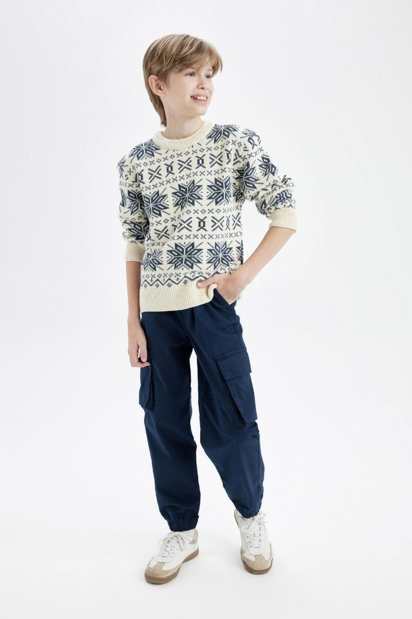 Erkek Çocuk - Genç Erkek Lacivert Kargo Cepli Beli Bağcıklı Lastikli Paça Lacivert Jogger Gabardin Pantolon Erkek Çocuk