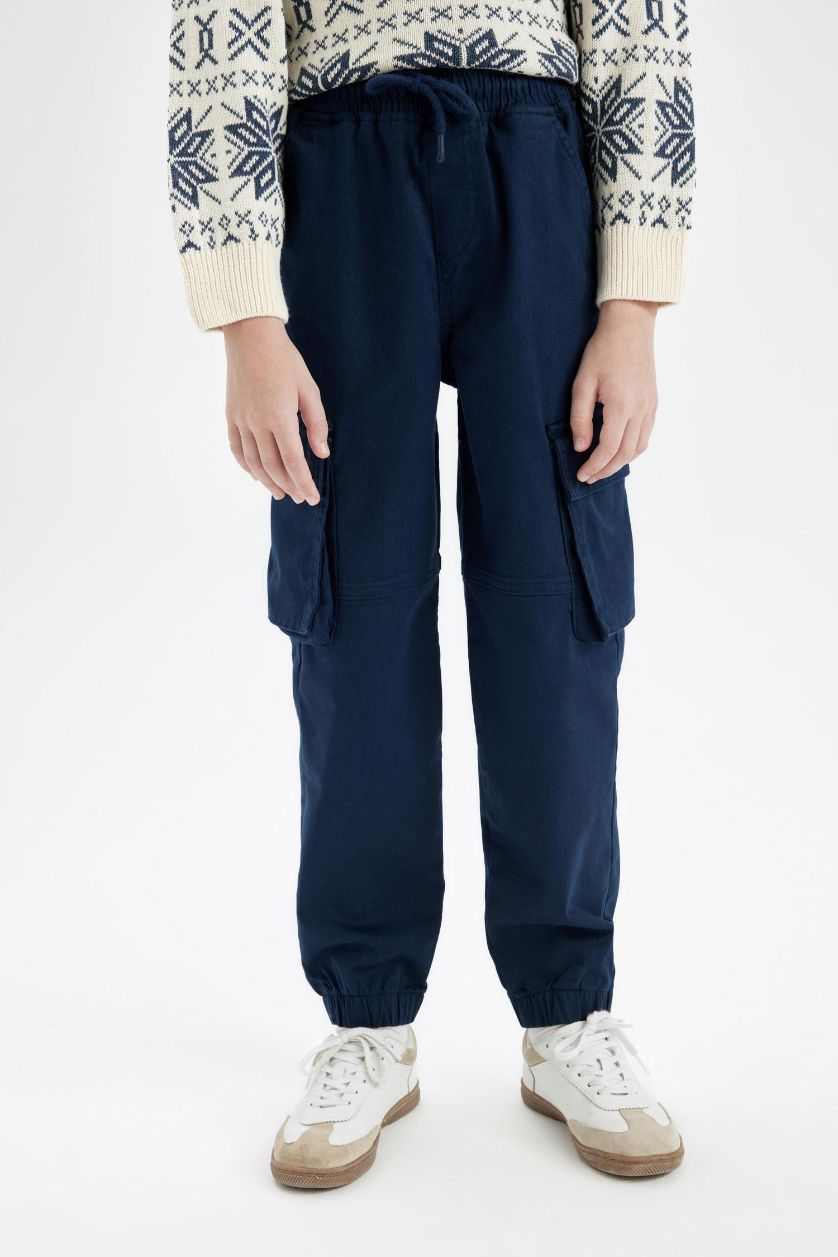 Erkek Çocuk - Genç Erkek Lacivert Kargo Cepli Beli Bağcıklı Lastikli Paça Lacivert Jogger Gabardin Pantolon Erkek Çocuk