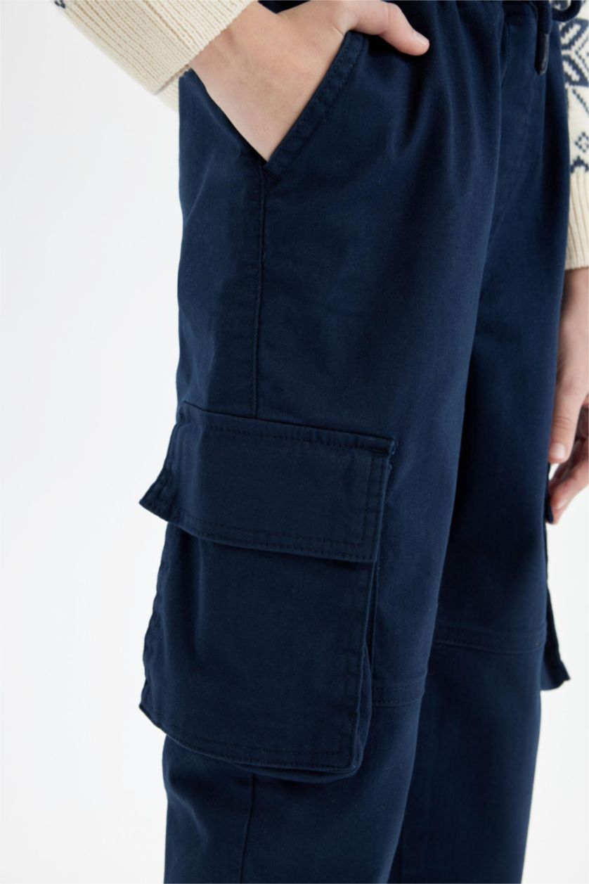 Erkek Çocuk - Genç Erkek Lacivert Kargo Cepli Beli Bağcıklı Lastikli Paça Lacivert Jogger Gabardin Pantolon Erkek Çocuk