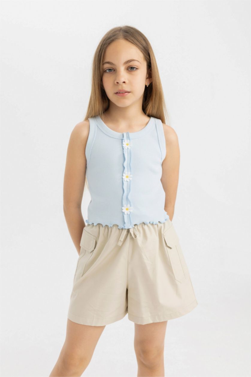 Kız Çocuk - Genç Kız Açık Mavi Kız Çocuk Bisiklet Yaka Çiçekli Atlet