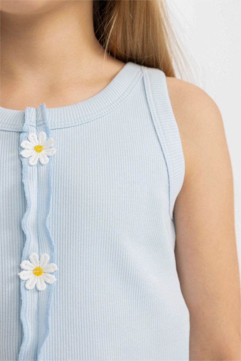 Kız Çocuk - Genç Kız Açık Mavi Kız Çocuk Bisiklet Yaka Çiçekli Atlet