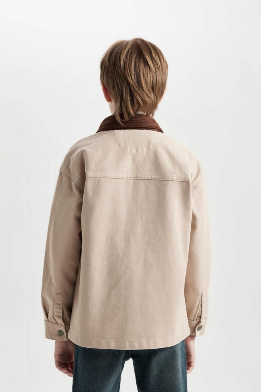 BOYS & TEENS Stone Boy Oversize Fit Polo Collar Gabardine Long Sleeve Shirt