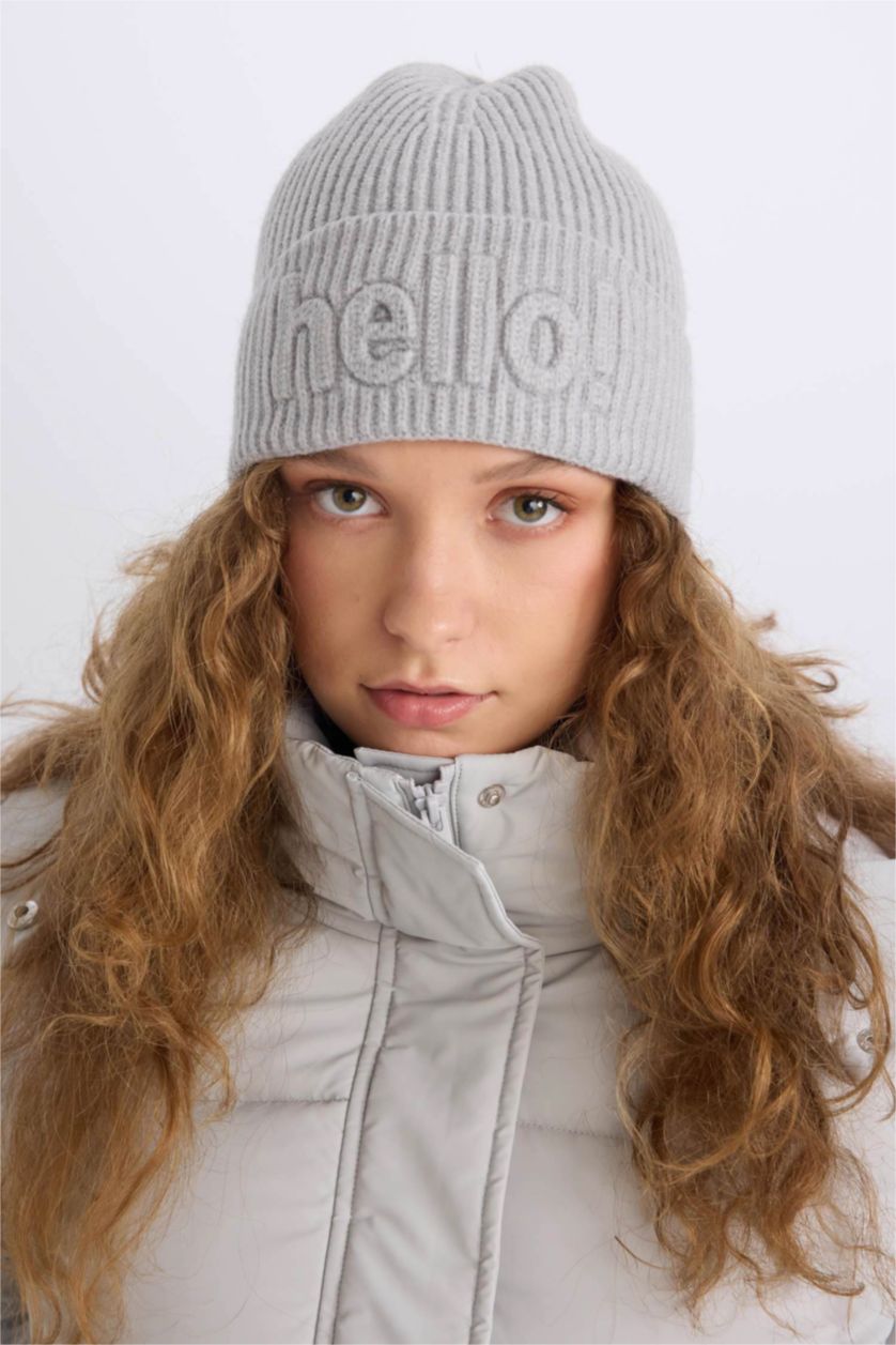 WOMAN Grey Woman Slogan Printed Knitted Beanie