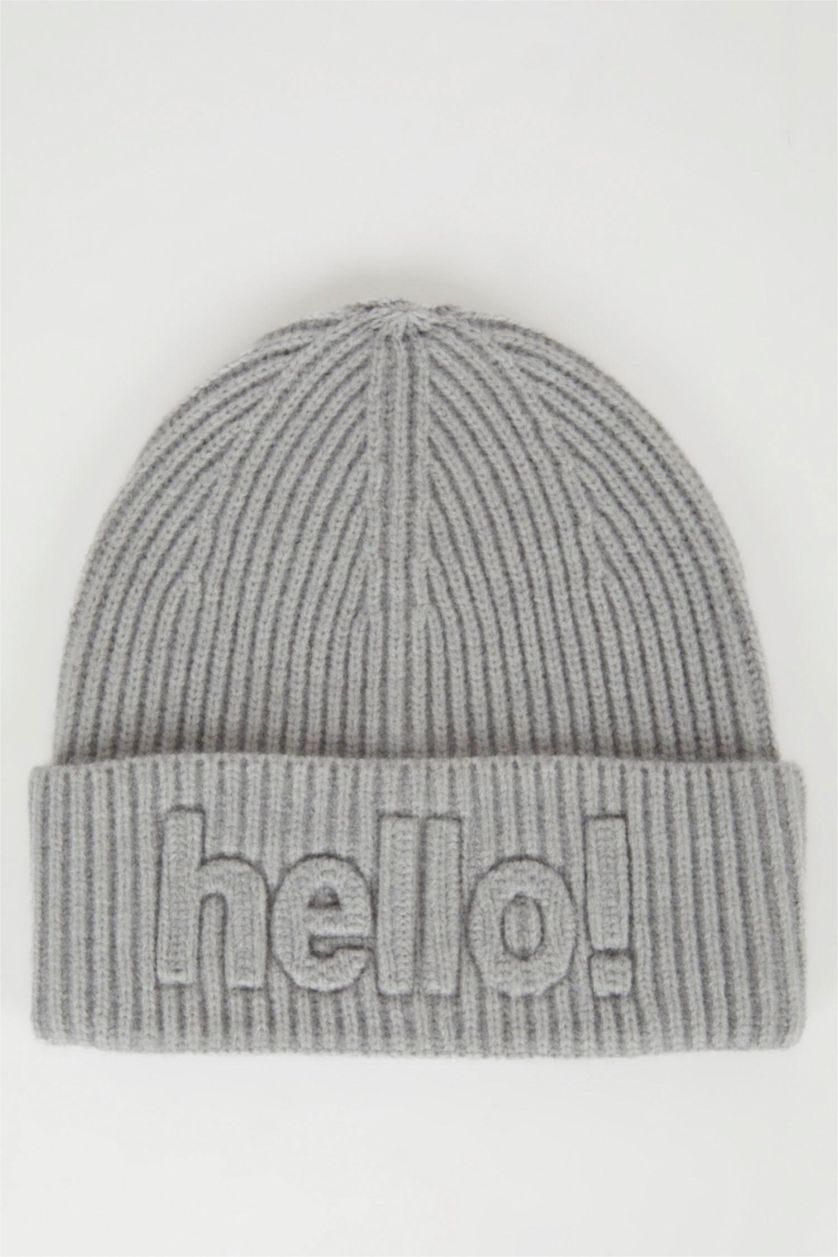 WOMAN Grey Woman Slogan Printed Knitted Beanie