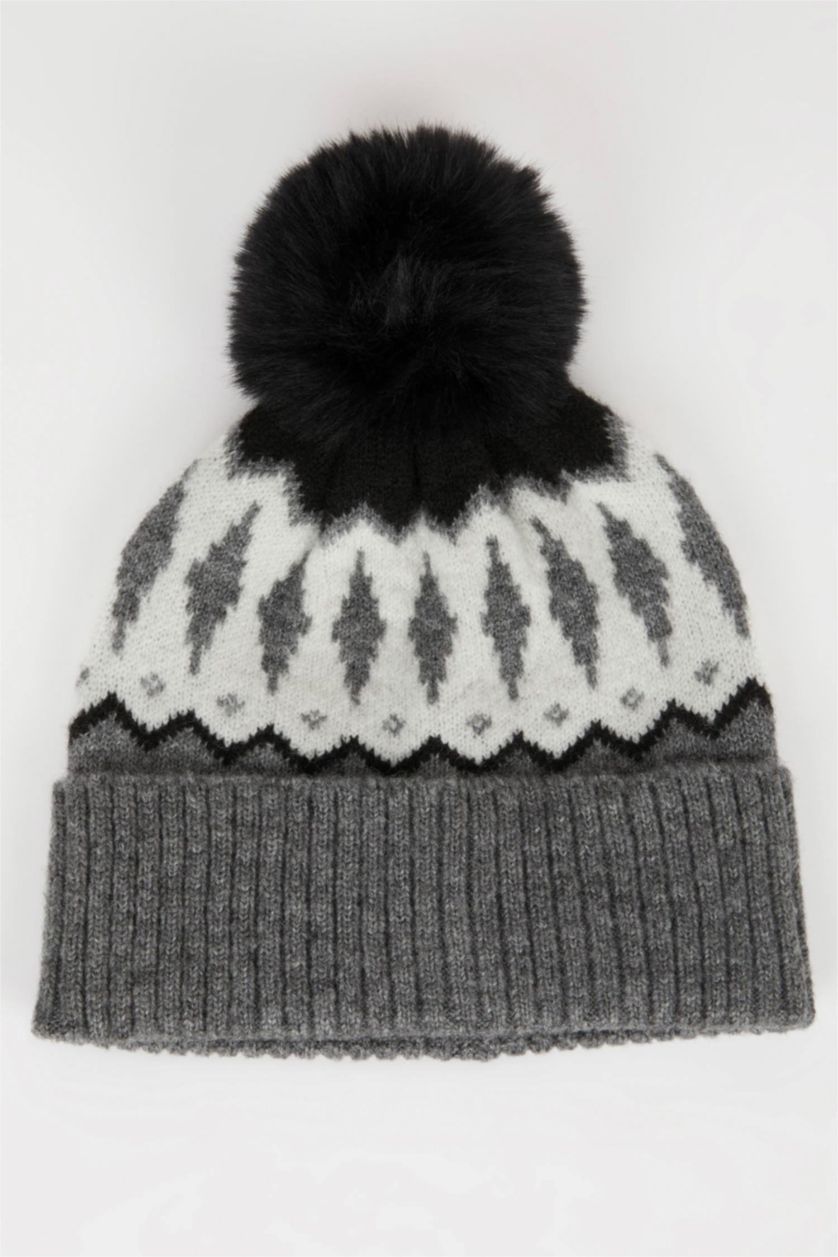 Kadın Siyah Kadın Jakarlı Ponponlu Bere